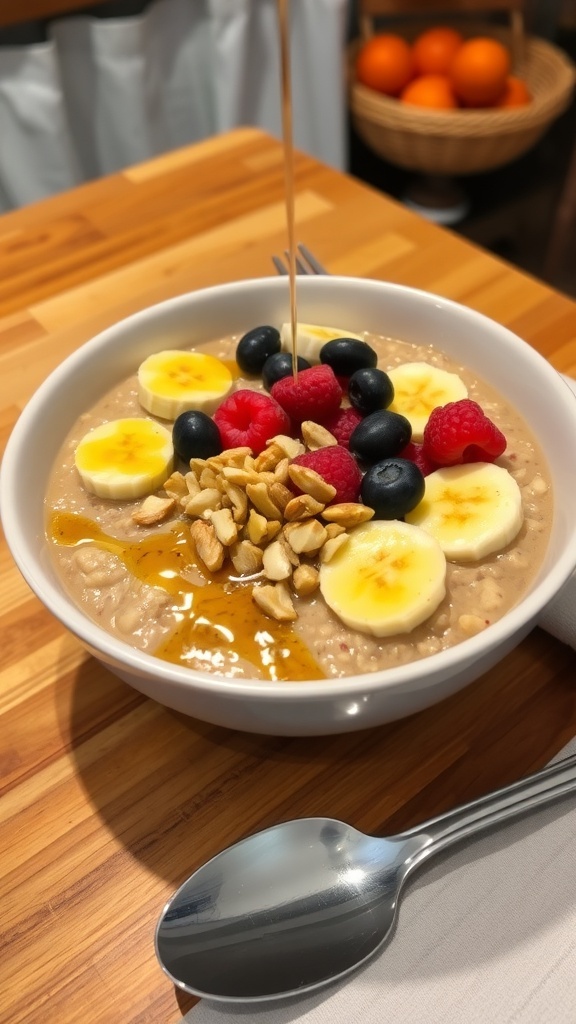 A delicious oatmeal breakfast bowl with bananas, berries, and nuts, ready to be enjoyed.